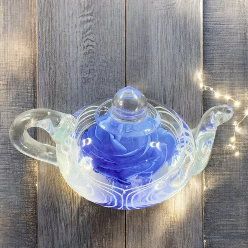 Dynasty Gallery Glass Teapot Carafe Jug Blue With White‎ Swirls Paperweight VTG